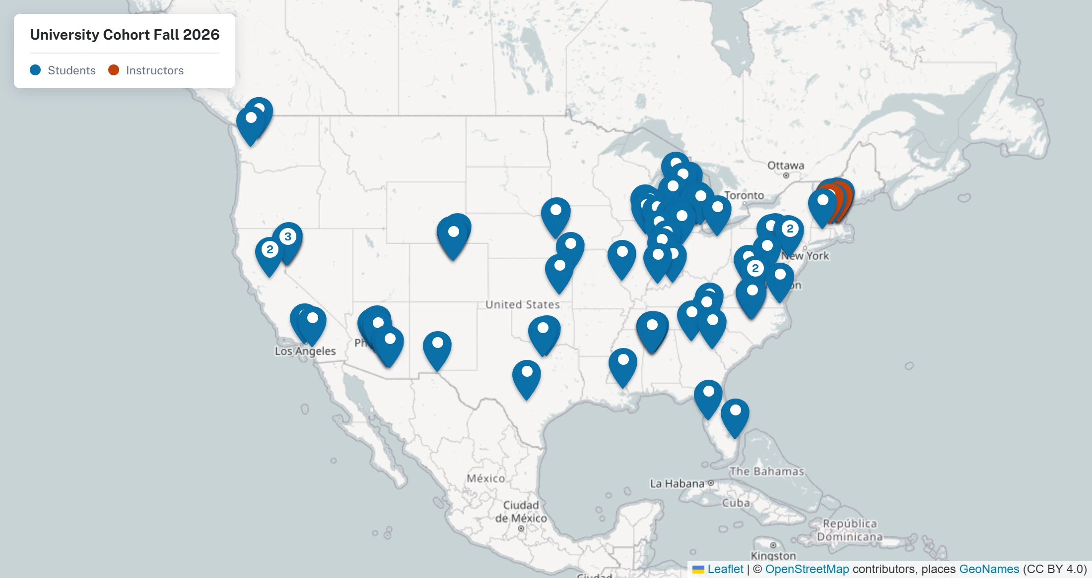 A map of North America dotted with markers for the Fall 2026 cohort, clustered heaviest around the Great Lakes and the north east
